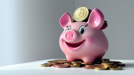 Pink ceramic piggy bank with Bitcoin coin and scattered traditional coins, representing modern and traditional savings methods in contemporary financial setting. Cryptocurrency investment concept