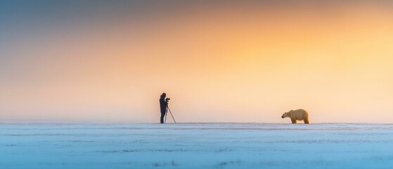 Poster - Photographer captures a polar bear in a serene winter landscape. AI.