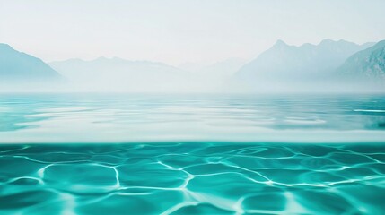 Wall Mural -   A breathtaking image captures a body of water surrounded by majestic mountains in the backdrop, while a hazy sky shrouds the foreground with mist