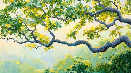 Wall Mural -   A painting featuring a tree with vibrant yellow leaves adorning its branches and lush green foliage cascading from them