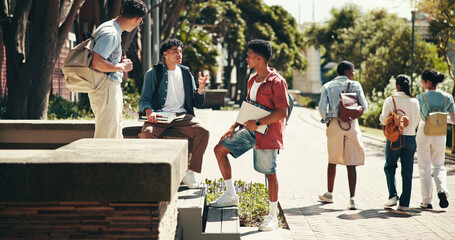 Poster - People, students and campus for learning course, outdoor and friends talking on education. Men, academy and support with university project or module, conversation and studying at college for degree