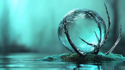 Wall Mural - Glass orb on mossy surface with branches, teal background.