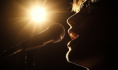 Poster - Silhouetted singer's profile, microphone, bright light.