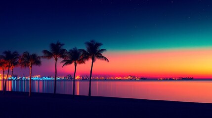 Canvas Print - Beach with palm trees, ocean, and colorful sunset.