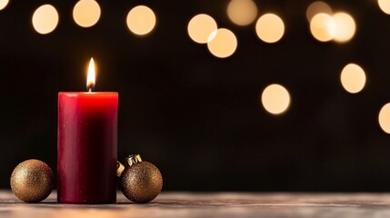 Canvas Print - Burning red candle with gold ornaments and bokeh lights.