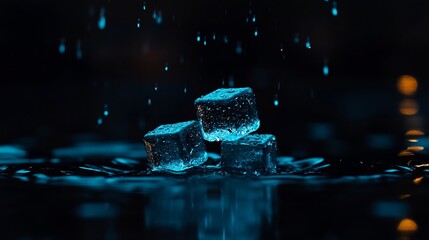 Wall Mural - Three glowing ice cubes in water, dark background.