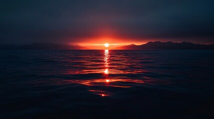 Canvas Print - Dramatic sunset over calm ocean with mountain silhouettes.