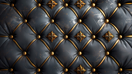 Poster - Opulent Upholstery: Luxurious, tufted dark blue leather upholstery with ornate golden accents.  Close-up detailing of classic Chesterfield-style diamond quilting and buttons.