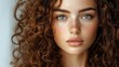 © Serhii - Charming Young Caucasian Woman with Curly Brown Hair Gazing at the Camera Against a Clean White Background