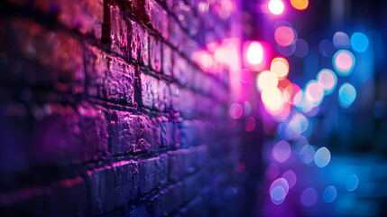 Neon Brick Wall Night: A vibrant close-up shot of a textured brick wall illuminated by colorful neon lights at night, creating a dynamic and atmospheric scene.