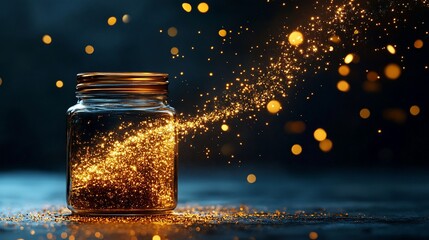 Wall Mural - Golden glitter escaping from a glass jar.