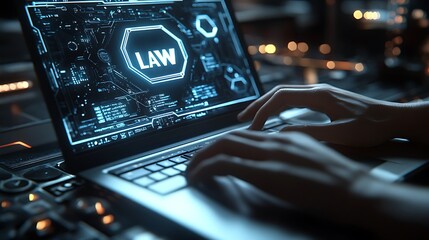 Hands typing on a laptop with a white digitally glowing text icon