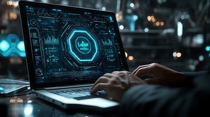 Hands typing on a laptop with a white digitally glowing text icon