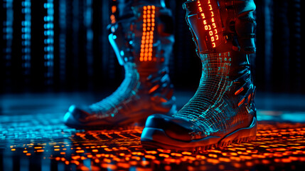 cyber boots with digital binary code, orange and blue numbers background representing data technology or cyber security. Concept of advanced software development in digital age, motion blur background