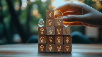 Hand stacking wooden blocks with human head icons