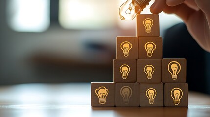 Hand stacking wooden blocks with human head icons