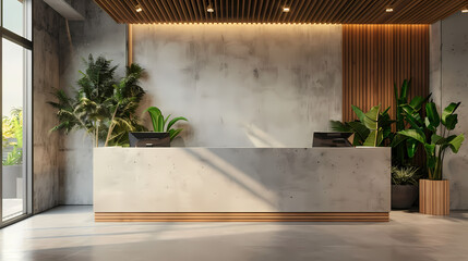 Wall Mural - Modern Hotel Reception Desk: A sleek, minimalist reception desk crafted from light-colored stone and wood, accented with lush potted plants.