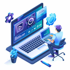 Coding in Focus: A dynamic isometric illustration depicts a programmer immersed in their work, coding on a laptop with a large monitor displaying complex programming interfaces.