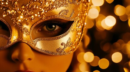 Canvas Print - Close-up of a golden masquerade mask on a mannequin's face against a bokeh background.