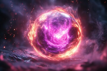 Electric plasma orb glowing purple and pink light rays swirling in dark space quantum energy experiment