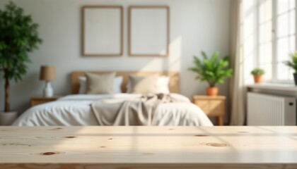 Wall Mural - Empty light wooden table in front of cozy bright bedroom. Natural light streams through window. Soft warm colors create peaceful, modern interior design. Bedroom features bed, plants, simple wooden