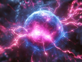 Electric plasma orb blue and pink energy discharges swirling in dark space quantum experiment with abstract light