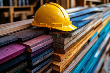 Construction worker's yellow hardhat rests on colorful wooden planks