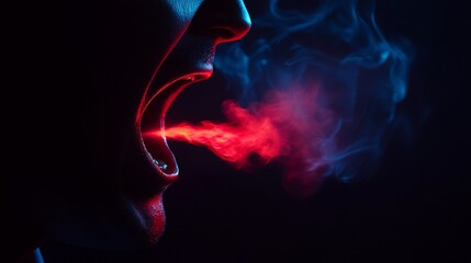 Wall Mural - Close-up profile of person exhaling red and blue smoke from mouth.