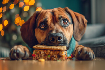 Adorable puppy with expressive eyes looking at a snack on the table, bokeh Christmas tree lights in background