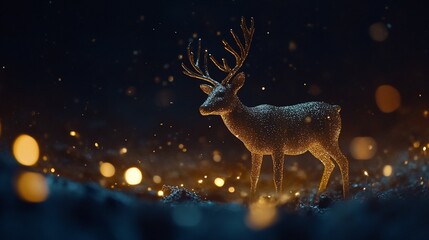 Wall Mural - Sparkling reindeer in snowy night scene.