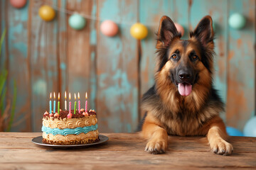 German shepherd dog celebrating birthday with cake, candles, and a festive party decor