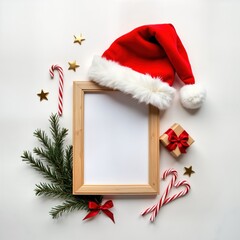 Minimalist Christmas composition with wooden frame, Santa hat, candy canes, fir branches, small gift. Photo on white background. Image suitable for Christmas cards, holiday decor, gift wrap. Festive,