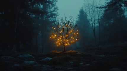 Canvas Print - Luminous tree in misty forest at night.