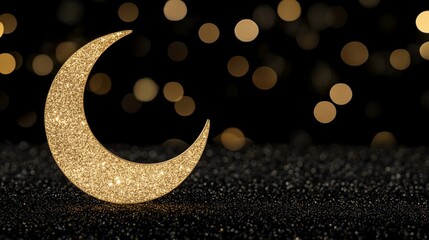 Wall Mural - Golden glitter crescent moon on dark background with bokeh lights.