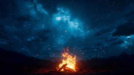 Wall Mural - campfire under a stunning starry sky filled with shining stars, ideal for outdoor adventures.