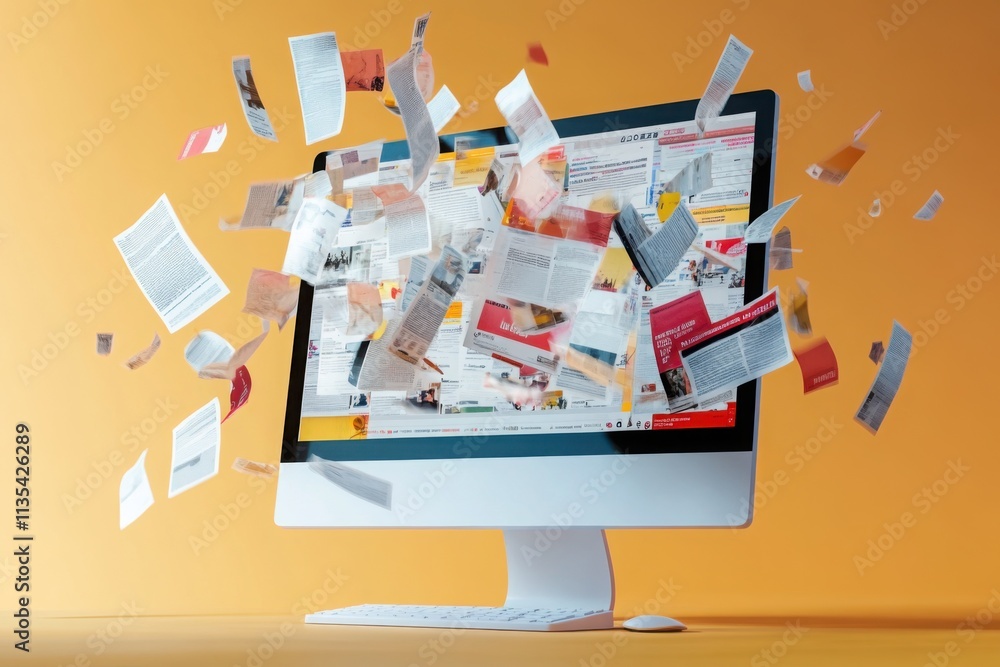 Digital explosion of documents and papers bursting from a computer ...