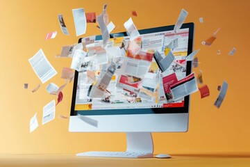 digital explosion of documents and papers bursting from a computer screen on a yellow background, sy