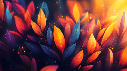 Sticker - Vibrant Colorful Leaves Illuminated In Dark Background