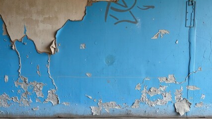 Wall Mural - A grungy blue concrete wall background with peeling paint and exposed rebar, design, blue