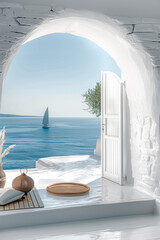 Wall Mural - Modern minimalist Greek luxury book room with sea view in white boho chic style