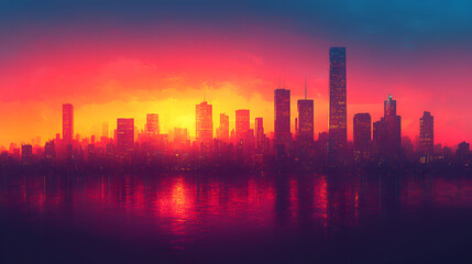 Wall Mural - Vibrant City Skyline at Sunset Over Water