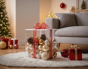 Wall Mural - A festive gift box filled with ornaments, set in a cozy living room decorated for the holidays.