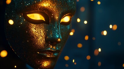 Wall Mural - Glittering gold mask with glowing eyes against dark background.