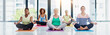 © peopleimages.com - Yoga, lotus and women in meditation together for fitness, natural exercise and morning balance class on banner. Workout, peace and group of people relax for zen, wellness or mindfulness in studio