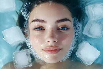 young woman with blue eyes is enjoying a refreshing skincare routine, immersing her face in water wi