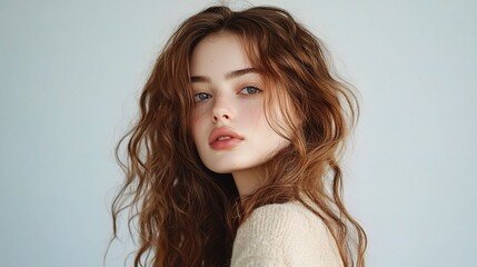 Wall Mural - beautiful woman with curly hairstyle in natural light portrait