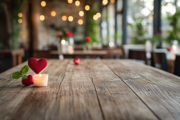 Charming valentine s day background with empty rustic wooden table for romantic photography shots