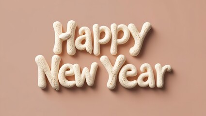 Wall Mural - Volumetric relief inscription Happy New Year made of white porous mousse cream, beige background, congratulations, mocha mousse style