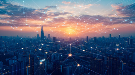 A cityscape combines with a network connection concept.