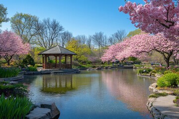 Wall Mural - Cherry blossoms reflecting in tranquil pond with gazebo in spring